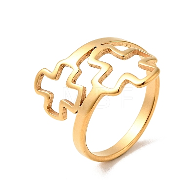 Ion Plating(IP) 201 Stainless Steel Double Cross Finger Ring for Women RJEW-G266-09G-1