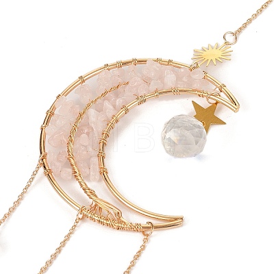 Wire Wrapped Natural Rose Quartz Moon with Tree of Life Pendant Decorations HJEW-K046-07G-05-1