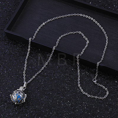 Brass Hollow Round Bead Cage Blue Chime Ball Pendant Necklaces for Women FD1250-1