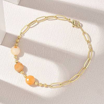 Natural Yellow Aventurine Faceted Flat Round Beaded Brass Paperclip Chain Bracelets GG-CBA37F5-02G-07-1