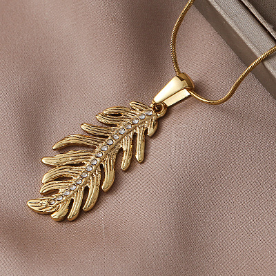 304 Stainless Steel Crystal Rhinestone Leaf Pendant Necklace for Women EA5078-1