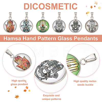 24Pcs 6 Color Hamsa Hand Pattern Glass Pendants GLAA-DC0001-01-1