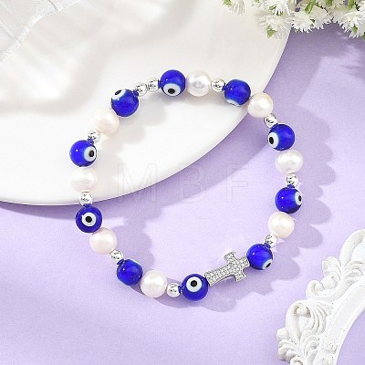 Evil Eye Lampwork and Natural Cultured Freshwater Pearl Beaded Stretch Bracelets BJEW-JB14283-02-1