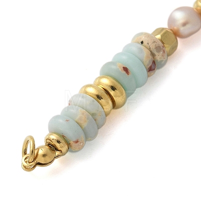 Natural Shoushan Stone & Plastic Imitation Pearl Disc Beaded Connector Charms/Links STAS-L277-11G-02-1