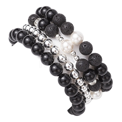 Natural Obsidian and Natural Lava Rock Bracelets Set for Women Men BJEW-JB11097-1