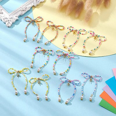 Seed Beaded Bowknot Dangle Stud Earrings with ABS Plastic Pearl Beaded EJEW-JE05302-1