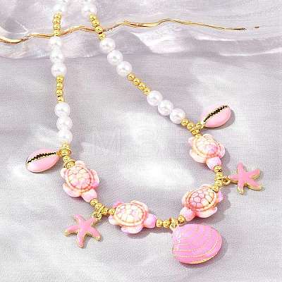 Ocean Brass Enamel Starfish Shell Shape Pendant Round ABS Imitation Pearl Beaded Necklaces KK-CBA4547-04C-G-1