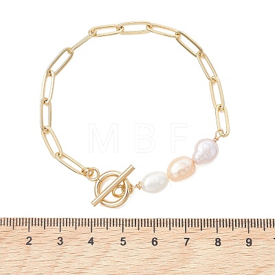 Rice Natural Cultured Freshwater Pearl & Brass Paperclip Chain Bracelets for Women BJEW-JB13543-02-1