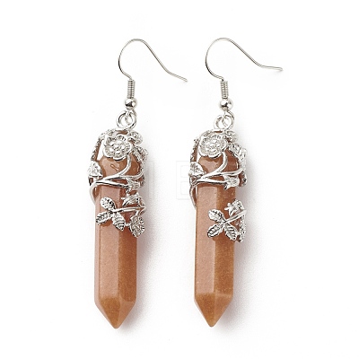 Natural Red Aventurine Bullet with Flower Dangle Earrings EJEW-G300-02P-12-1