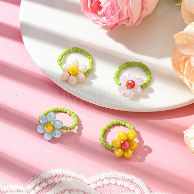 4Pcs 4 Colors Flower Glass Beads Stretch Rings Sets for Women RJEW-TA00141-1