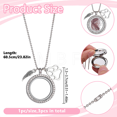 3Pcs Alloy Crystal Rhinestone Wing Paw Print and Glass Magnetic Flat Round Locket Pendant Ball Chain Necklaces for Women NJEW-DR00042-1