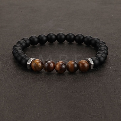 8MM Natural Tiger Eye and Frosted Black Round Beaded Stretch for Men DZ7575-8-1