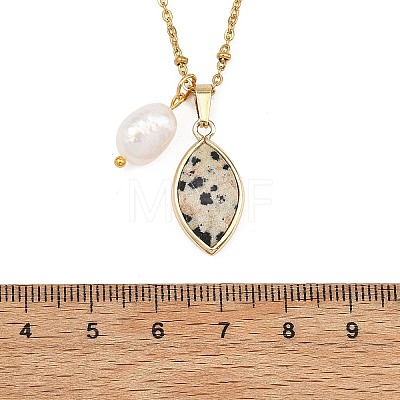 Rice Natural Pearl & Natural Dalmatian Jasper Faceted Horse Eye Pendant 304 Stainless Steel Satellite Chain Necklaces for Women NJEW-JN06261-02-1
