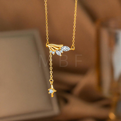 Brass Pave Clear Cubic Zirconia Wing with Star Tassel Pendant 304 Stainless Steel Cable Chain Necklaces for Women WG74F84-01-1