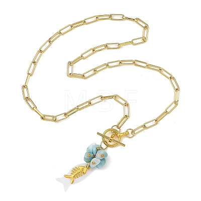 Ocean Natural Larimar & Whtie Shell Fish Pendant Brass Paperclip Chain Necklaces with OT Clasps for Women NJEW-JN06475-1
