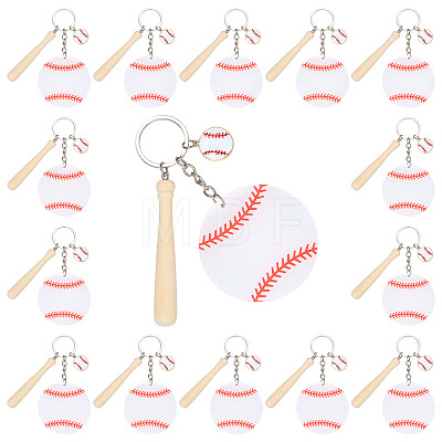15Pcs Theaceae Wood Baseball Bat & Acrylic Baseball & Alloy Enamel Pendant Keychains KEYC-SW00030-1