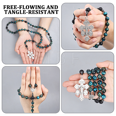 Dyed Natural Cadet Blue Tiger Eye & Synthetic Non-Magnetic Hematite & Lava Rock Round Rosary Bead Necklaces HJEW-DC00192-1