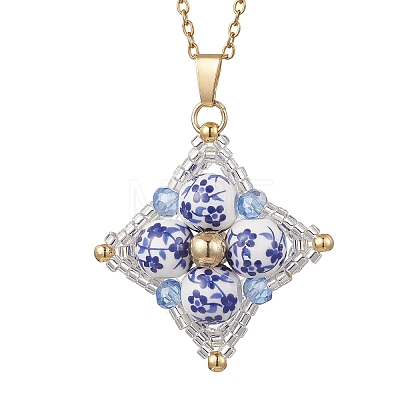 Handmade Flower Printed Porcelain Ceramic Beaded Star Pendant 304 Stainless Steel Chain Necklaces NJEW-MZ00143-1