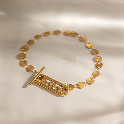 304 Stainless Steel Flat Sequin Chain Bracelets with Crystal Rhinestone with Moo Sun Star OT Clasps PL6562-1