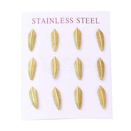 Ion Plating(IP) 304 Stainless Steel Feather Stud Earrings EJEW-C099-11G-1