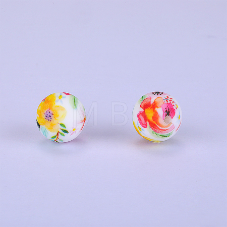 Printed Round with Flower Pattern Silicone Focal Beads SI-JX0056A-166-1