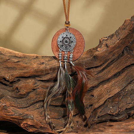 Ethnic Style Alloy & Wood Woven Web/Net with Feather Big Pendant Faux Suede Cord Necklaces for Women FS-WG285C1-11-1