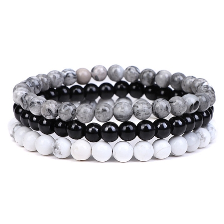 3Pcs 3 Style Natural Map Stone & Black Agate & Howlite Round Beaded Stretch Bracelets Set PW23030763586-1