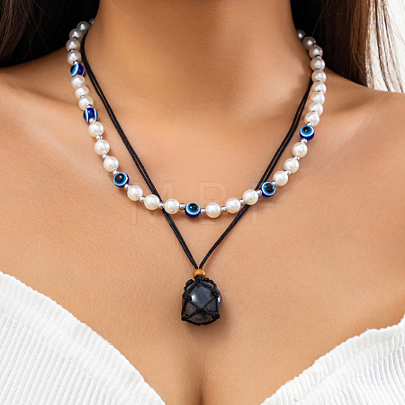 Gemstone Pendant Imitation Pearl & Acrylic Beaded Double Layer Necklaces FS-WG27ECA-09-1