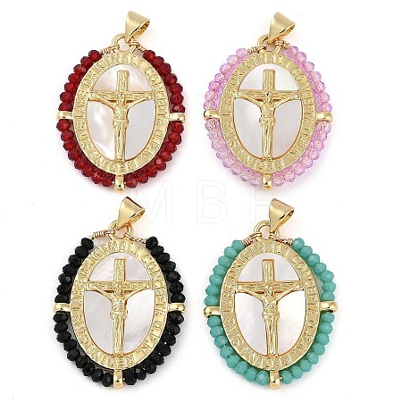 Rack Plating Brass Pave Shell Religion Jesus Cross Pendants KK-U032-01G-B-1