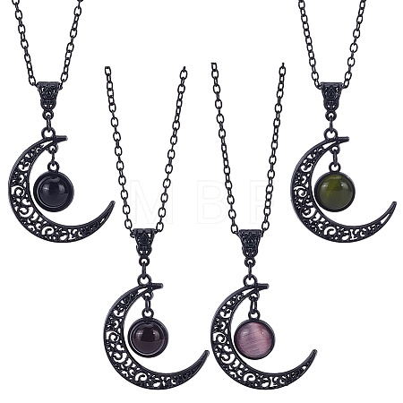 4Pcs 4 Colors Glass Flat Round & Alloy Moon Pendant Necklaces Set NJEW-AN0001-55-1