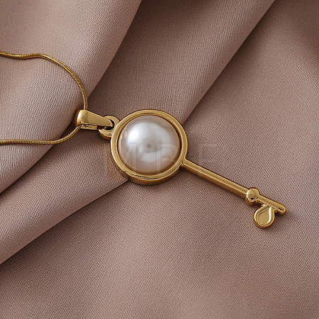 304 Stainless Steel with White Imitation Pearl Key Pendant Necklaces for Women OM7731-1