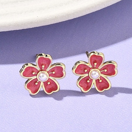 Flower Brass & ABS Plastic Pearl Stud Earrings EJEW-P336-07G-02-1