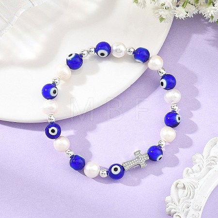 Evil Eye Lampwork and Natural Cultured Freshwater Pearl Beaded Stretch Bracelets BJEW-JB14283-02-1