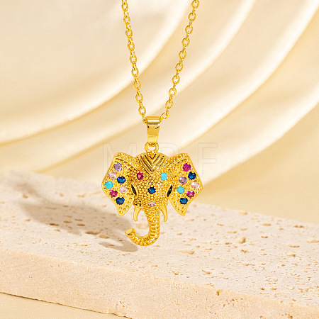 Brass Pave Colorful Cubic Zirconia Elephant Pendant Necklaces for Women WGDED3C-01-1