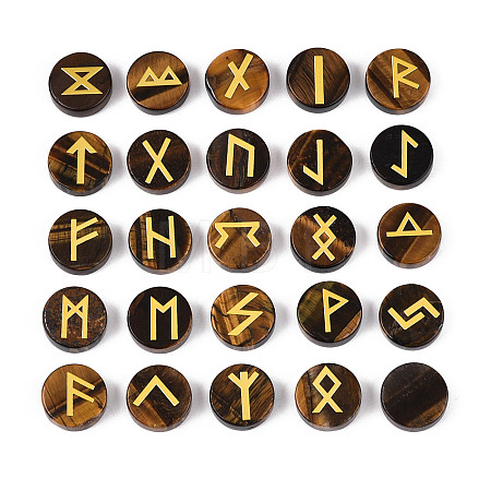 Brass Elder Futhark Alphabet Engraved Symbol Flat Round Natural Tiger Eye Rune Stones G-I373-01L-1