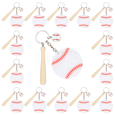 15Pcs Theaceae Wood Baseball Bat & Acrylic Baseball & Alloy Enamel Pendant Keychains KEYC-SW00030-1