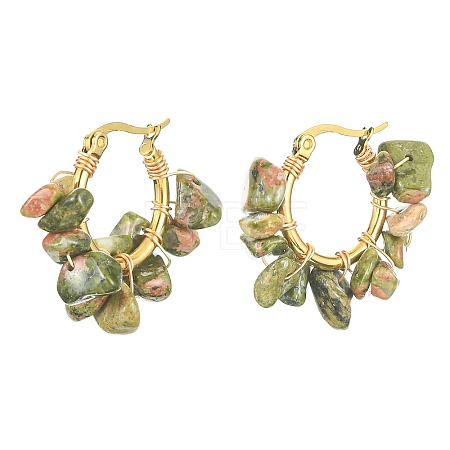 Natural Unakite Chips Braided Hoop Earrings EJEW-JE04940-21-1