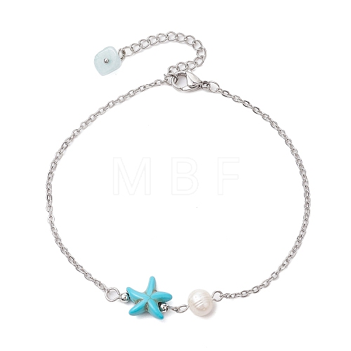 Synthetic Turquoise & Natural Freshwater Pearl Link Anklets AJEW-AN00628-01-1