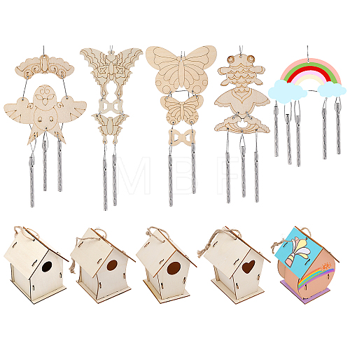 20 Sets 10 Style DIY Unfinished Wood Wind Chime & Bird House Making Kits DIY-BC0012-21-1