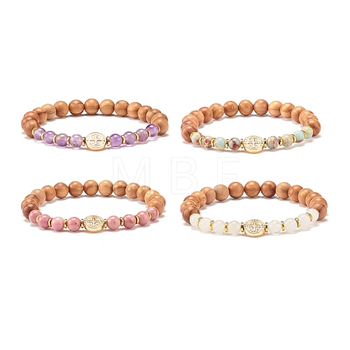 Natural Wood Round Beads Stretch Bracelet BJEW-JB07368-1