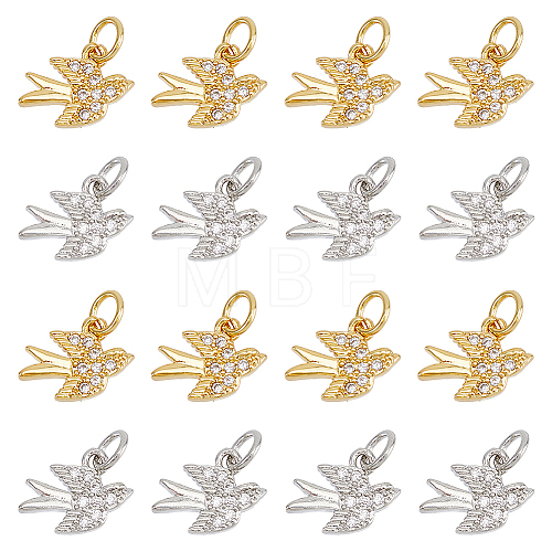 16Pcs 2 Colors Brass Micro Pave Clear Cubic Zirconia Bird Charms FIND-DC0003-26-1