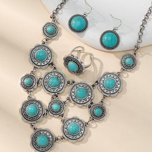 Bohemia Round Synthetic Turquoise Necklaces & Dangle Earring & Cuff Rings Sets WGA21BC-02-1