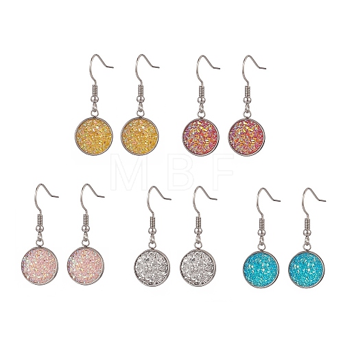 5 Pair 5 Color Bling Resin Flat Round Dangle Earrings EJEW-JE05155-1