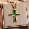 304 Stainless Steel with Synthetic Malachite Religion Cross Pendant Necklaces FS-WG3F108-05-1