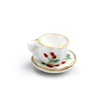 2Pcs Cherry Pattern Mini Porcelain Teacup & Saucer Set BOTT-PW0001-209-1