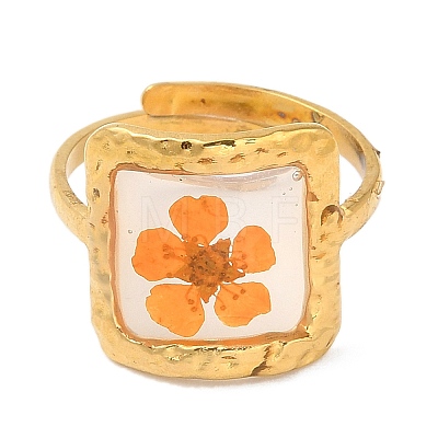 Dark Orange Square Epoxy Resin with Dry Flower Adjustable Rings RJEW-G304-03G-01-1