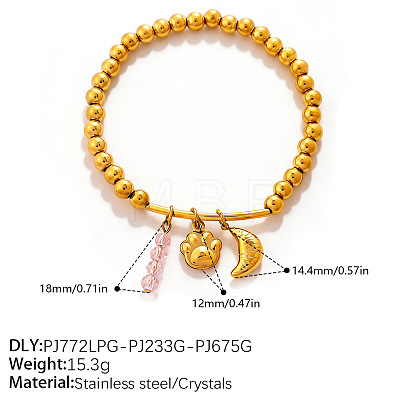 304 Stainless Steel and Pink Glass Charm Round Beaded Stretch Bracelets for Women WGE1DD1-02-1