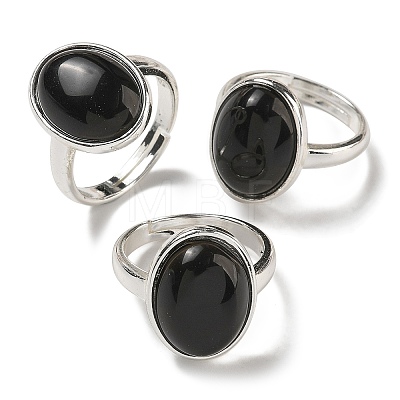 Natural Obsidian Oval Adjustable Rings RJEW-K371-07S-24-1