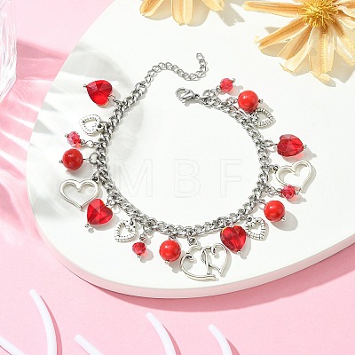 Tibetan Style Alloy & Glass Heart Charm Bracelet with 304 Stainless Steel Curb Chains for Valentine's Day BJEW-TA00311-1