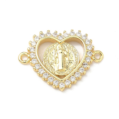 Religion Brass Micro Pave Clear Cubic Zirconia Heart with Saint Benedict Medal Links Connector Charms KK-P350-05G-1